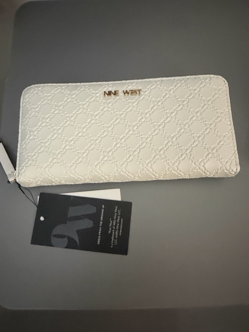 Nine West White Quilted Zip-Around Wallet with Gold Logo